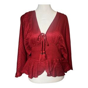 Band of the Free (BOG Colab) Ruched Tasseled Red Boho Blouse